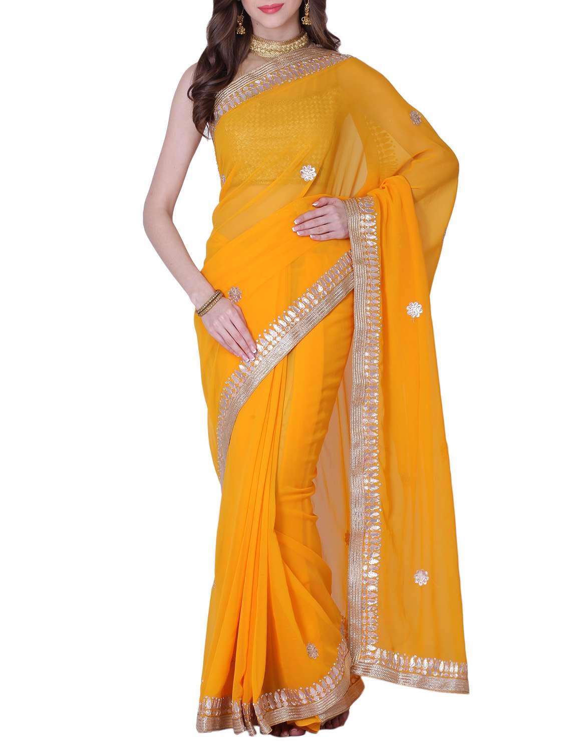 yellow georgette gota patti saree with blouse