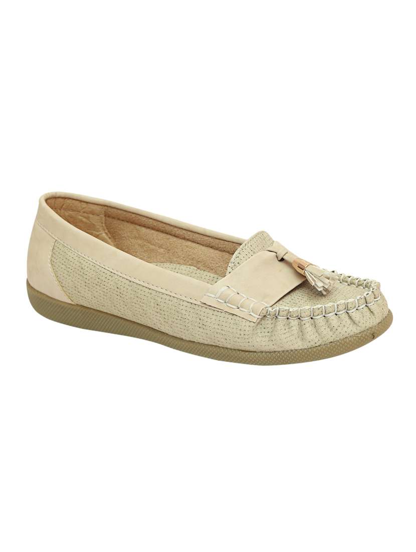 beige leatherette slip on moccasins