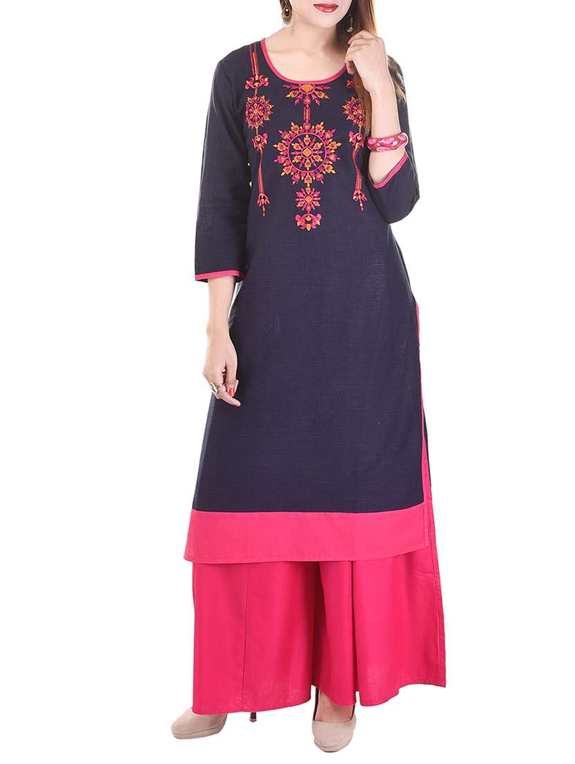 blue cotton embroidered straight kurta