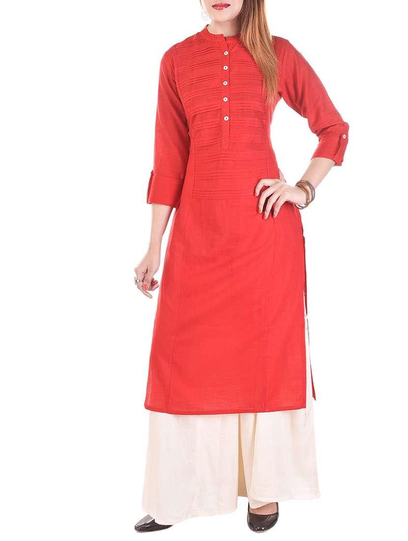 red cotton straight solid kurta