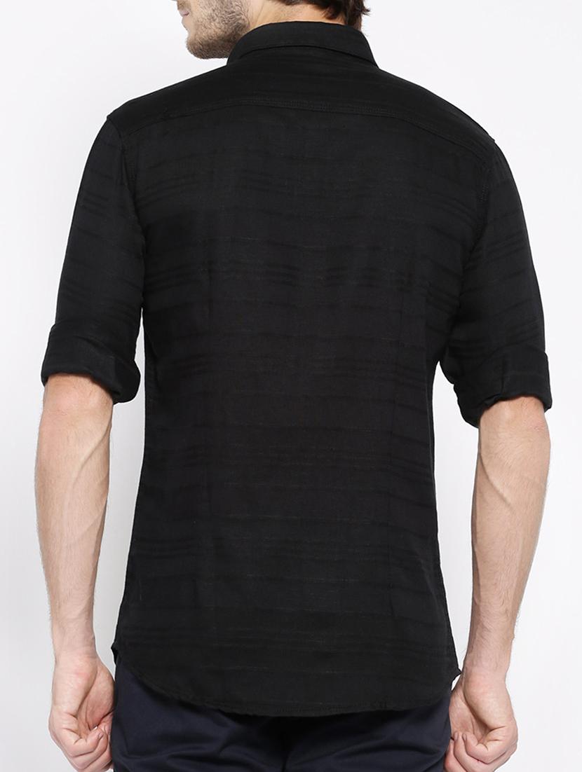 solid black cotton striped casual shirt - 13027094 - Standard Image - 2