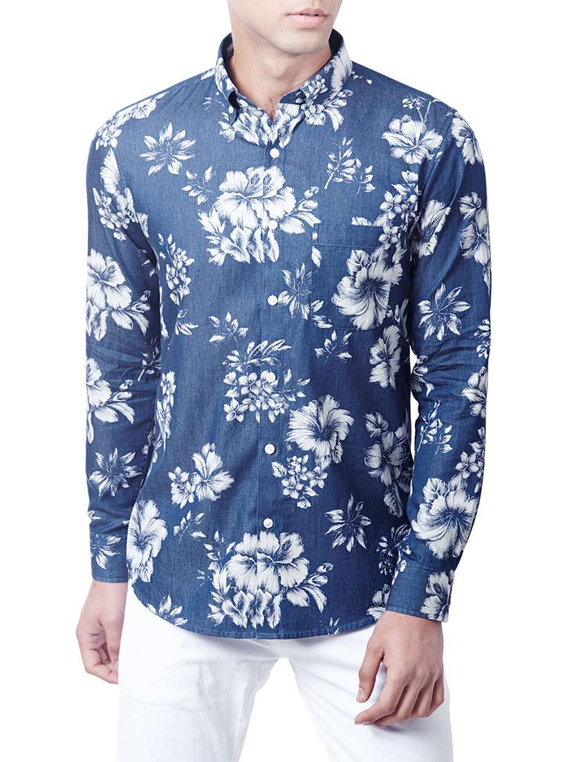 navy blue denim floral printed casual shirt