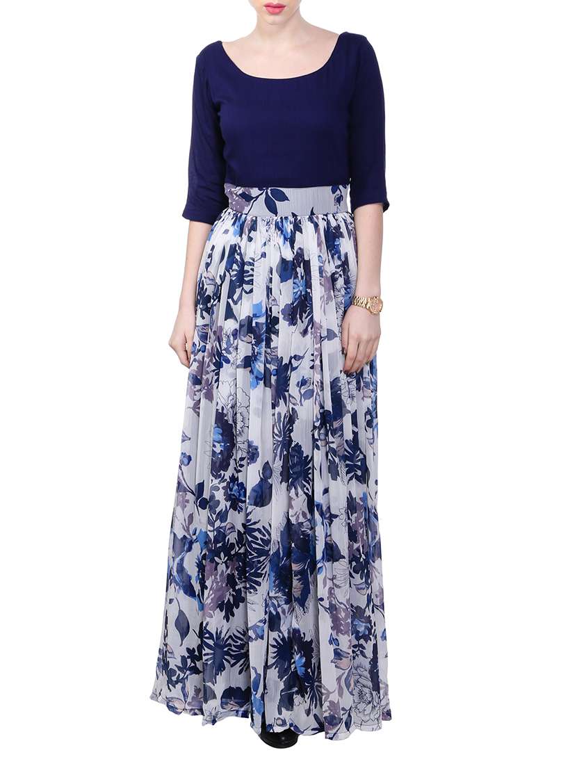navy blue printed chiffon dress