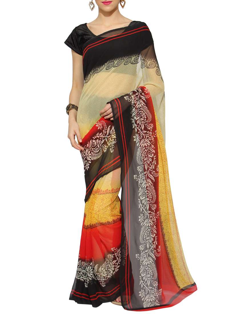 multi colored georgette printed saree with blouse