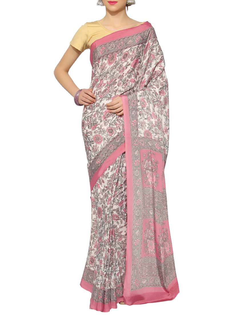 grey crepe printed saree with blouse