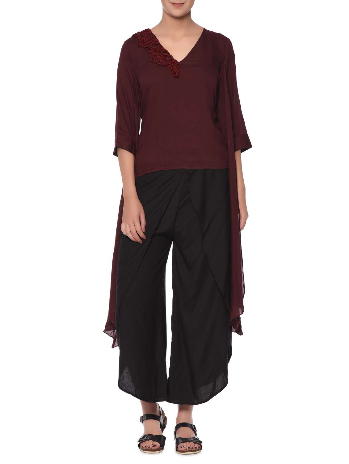 solid maroon rayon top and black palazzo set