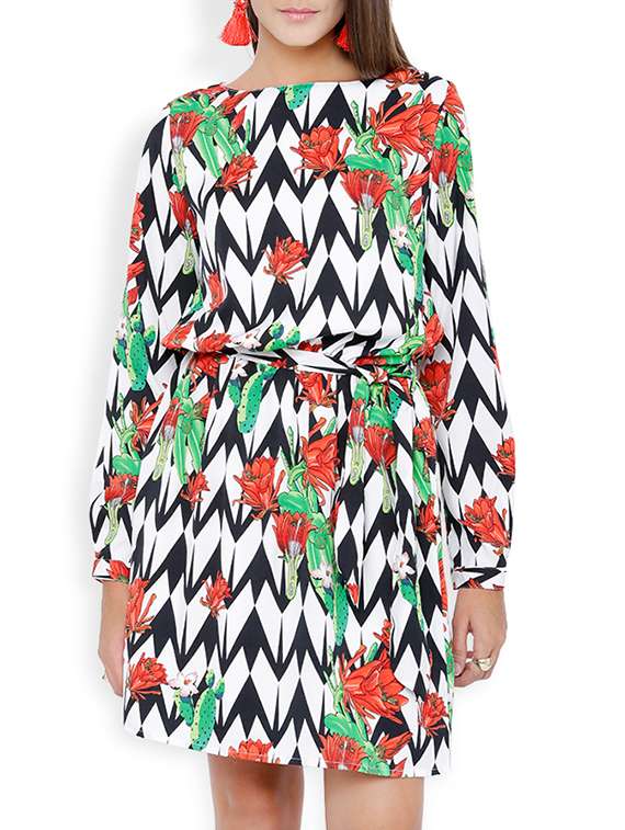 white printed blouson dress