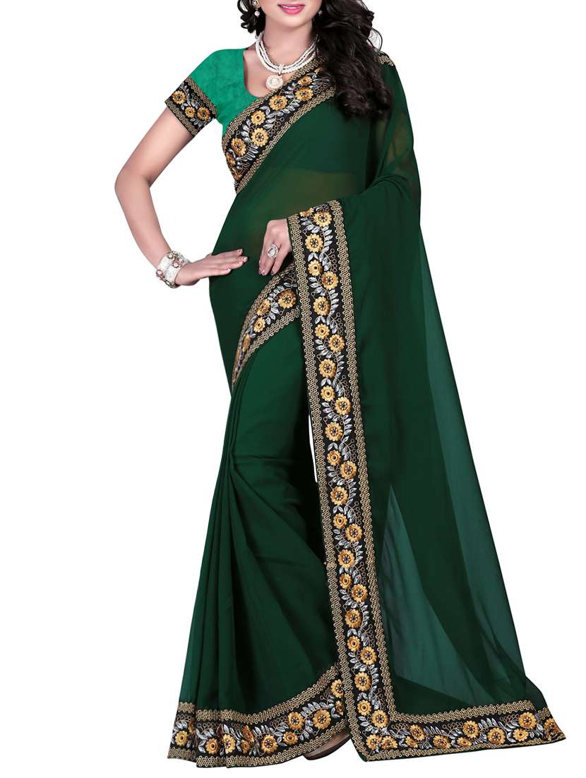 green georgette bordered saree with blouse