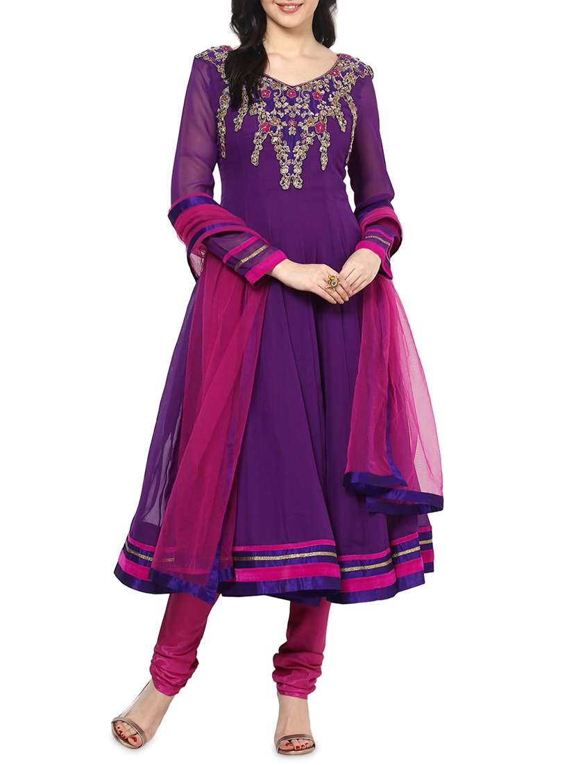 purple embroidered stitched anarkali suit set