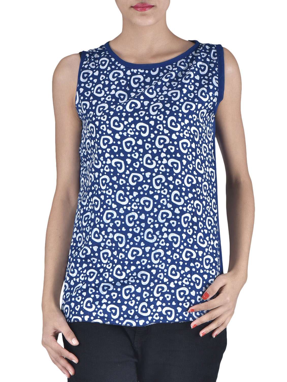 blue and white printed top