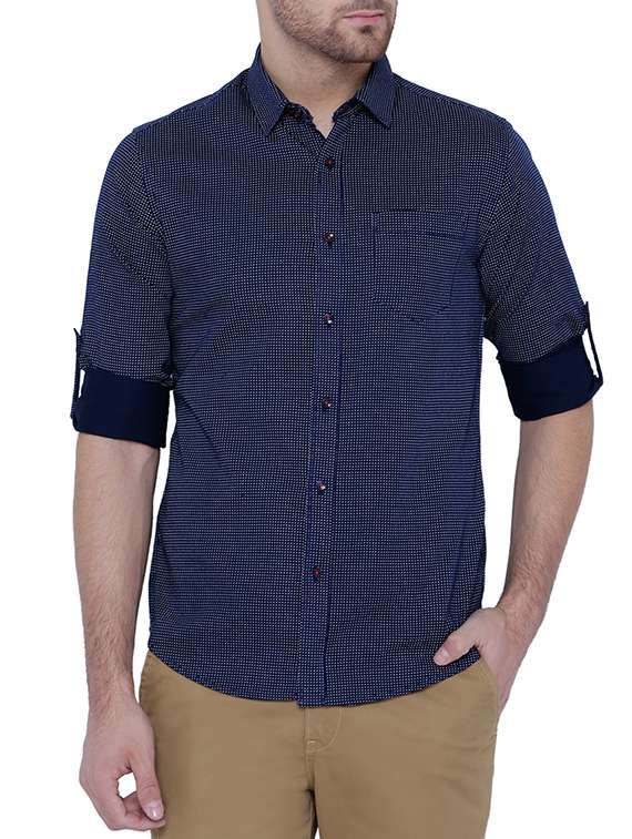 navy blue cotton polka dots casual shirt