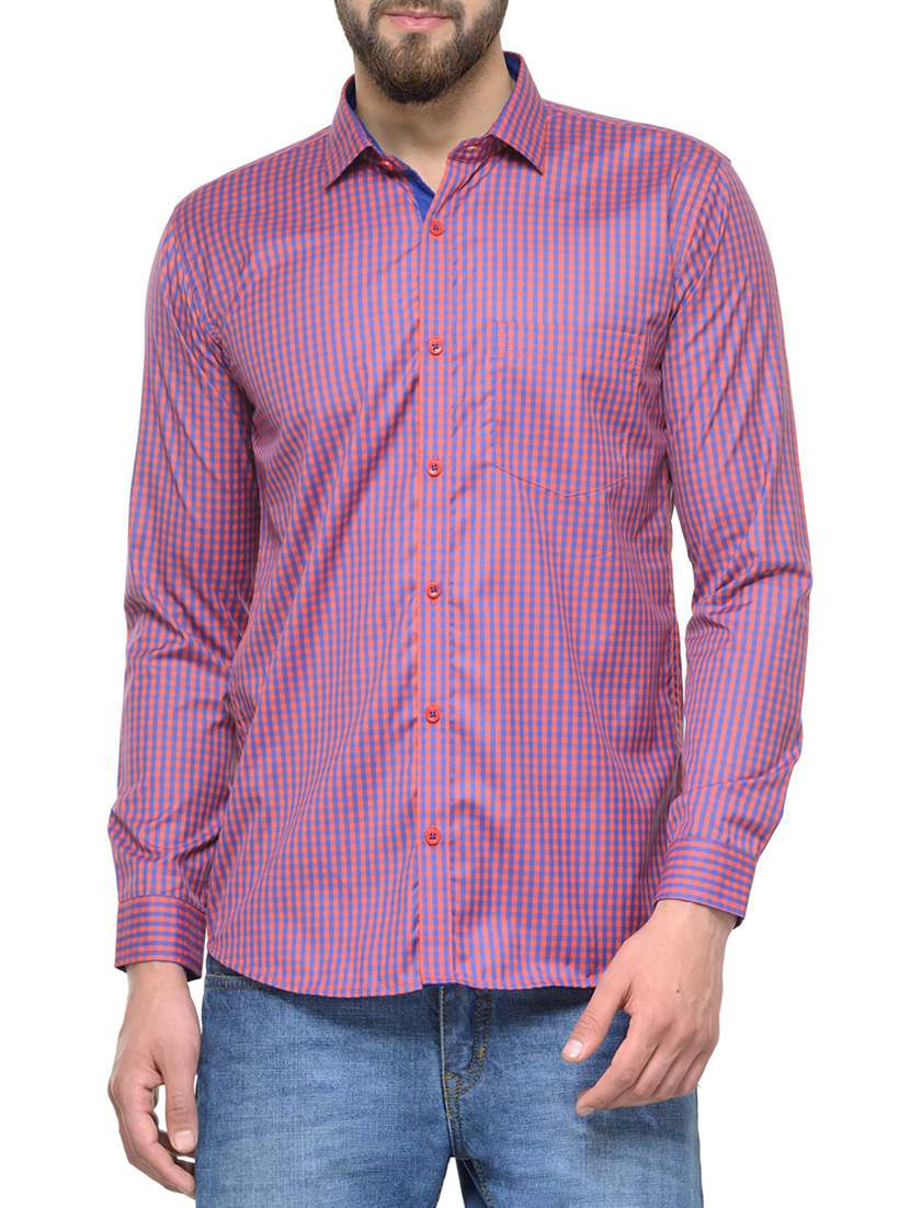 red cotton blend checked casual shirt