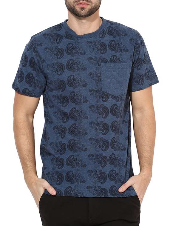 navy blue cotton paisley printed t-shirt