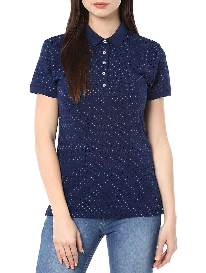 navy blue polka dots printed cotton regular tee