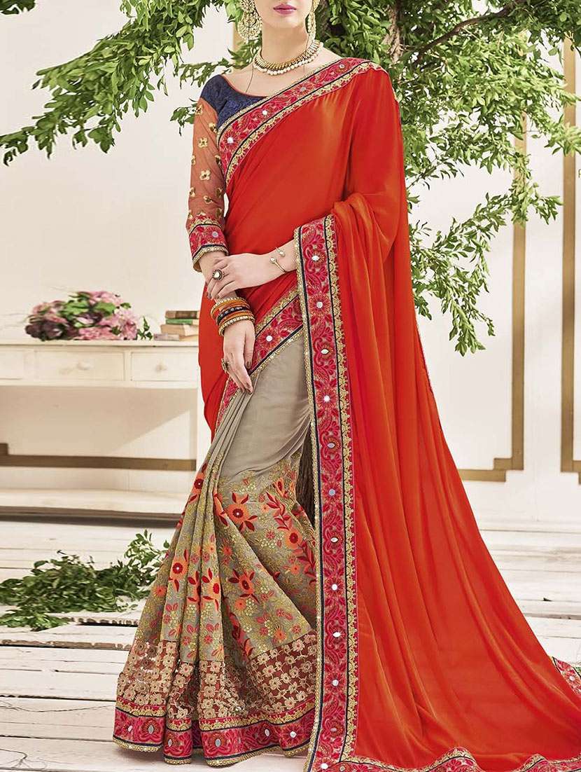 red georgette half and half saree
