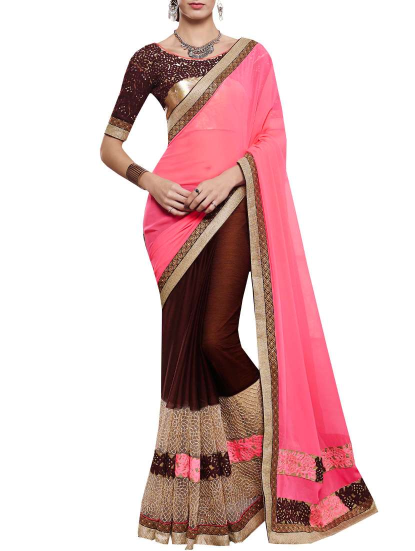 pink & brown georgette embroidered  half and half saree