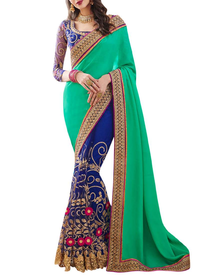 green & blue georgette embroidered half and half saree with blouse