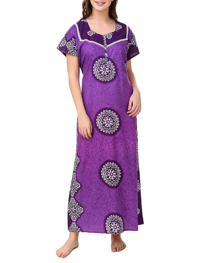 purple printed cotton gown
