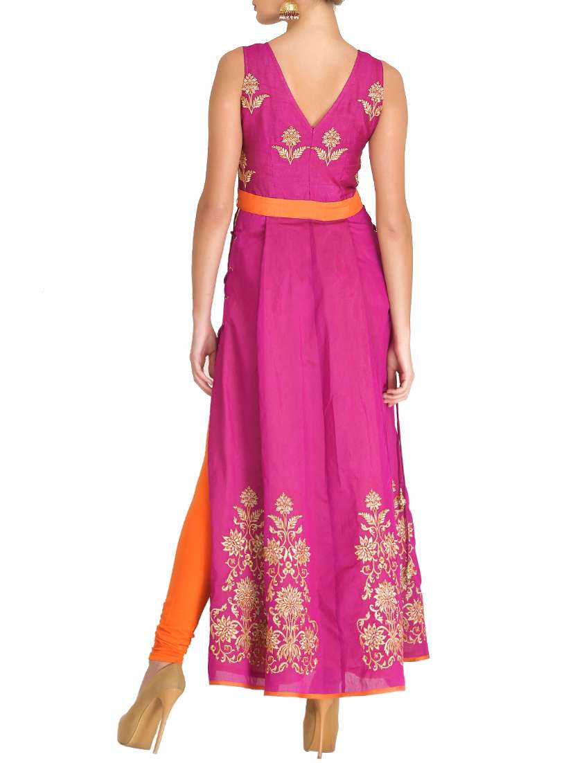 magenta dupion embroidered high slit kurta - 13109448 -  Standard Image - 2