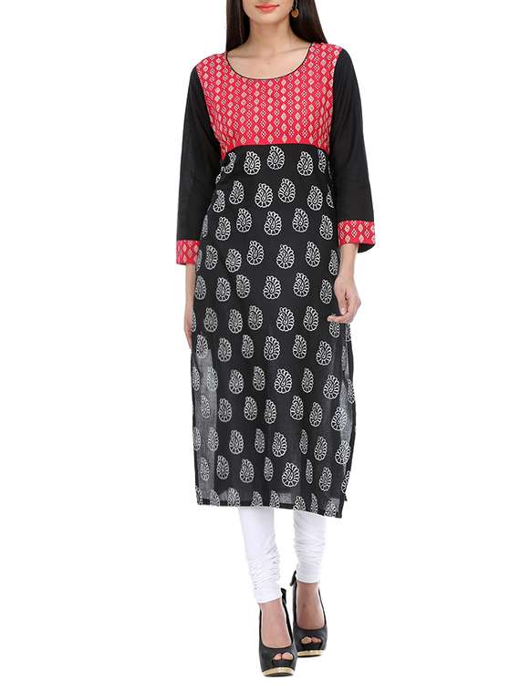 black cotton printed straight kurta