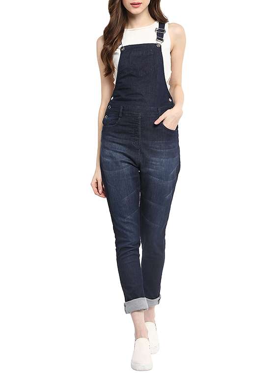 navy blue denim jumpsuit