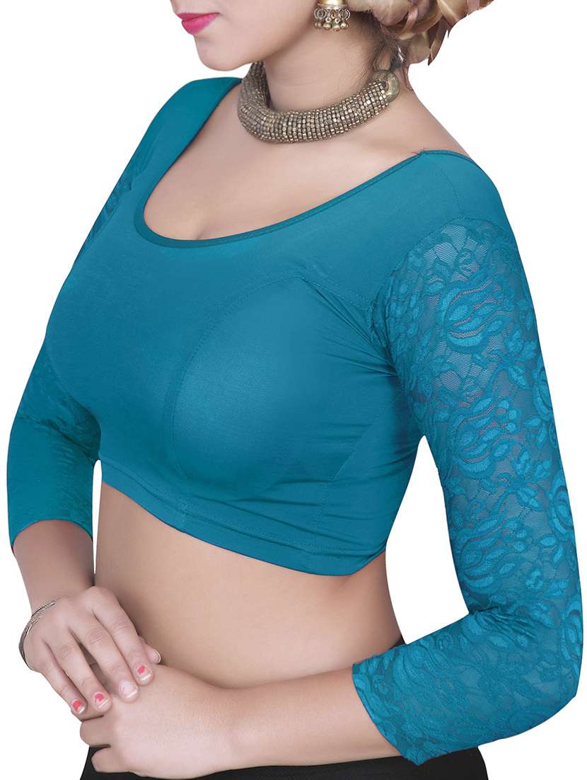 blue plain lace stitched blouse