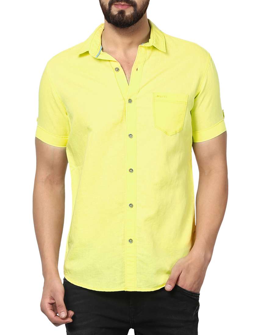 mufti mens yellow mid rise slim fit casual shirts