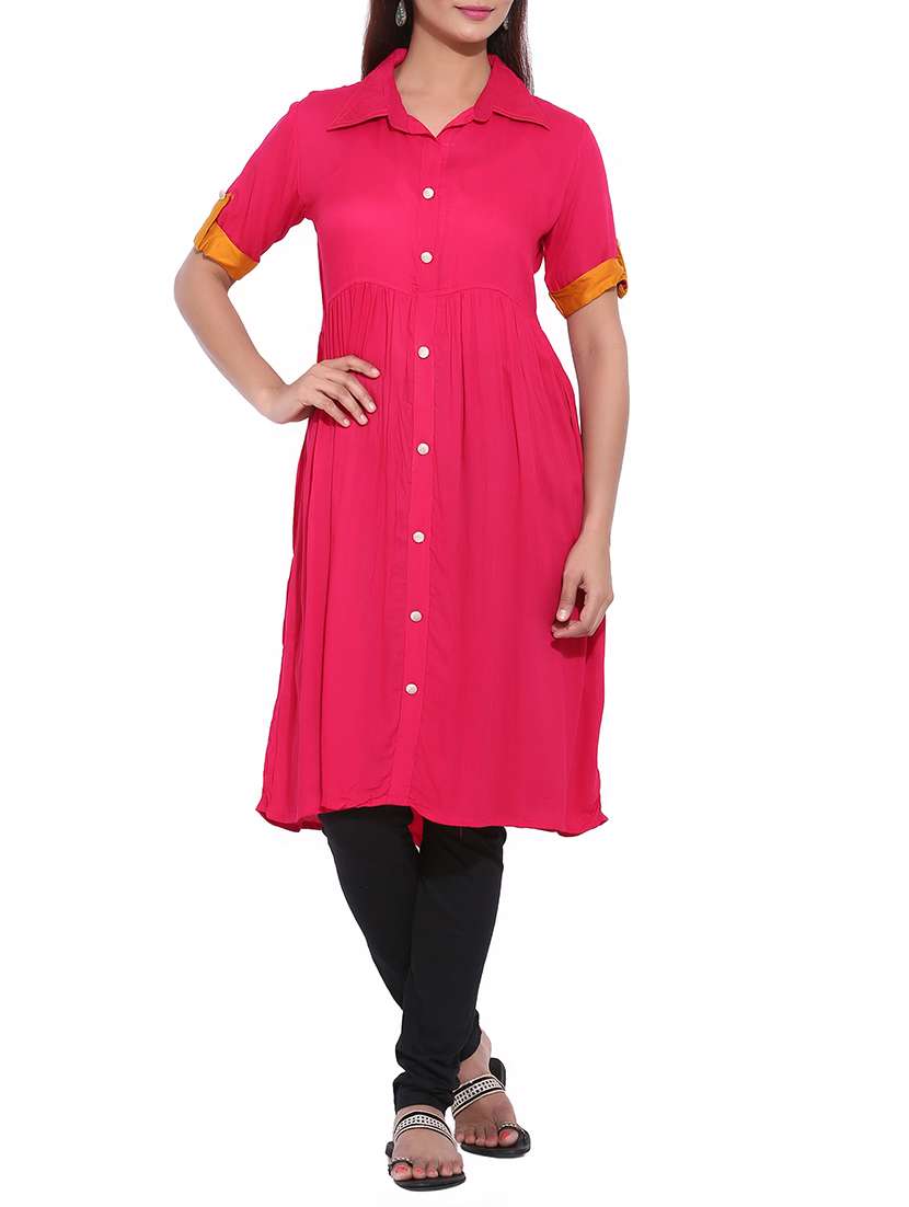 pink rayon plain shirt collar kurta