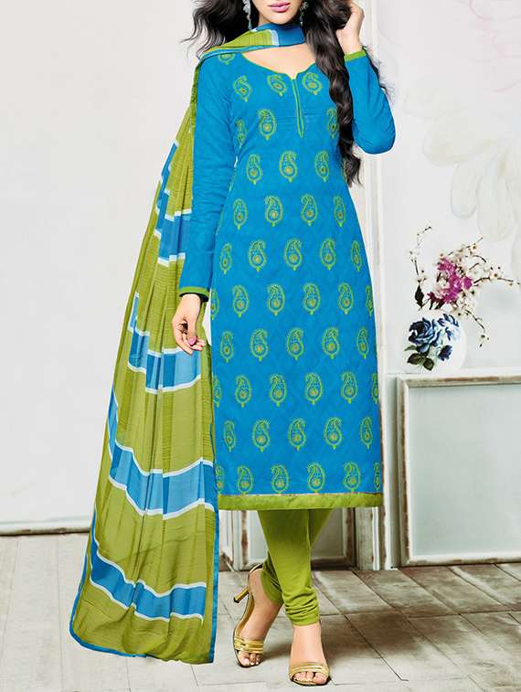 sky blue cotton blend churidaar suits unstitched suit