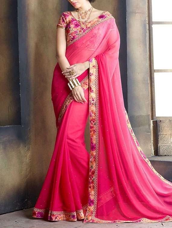 pink georgette bordered saree with blouse