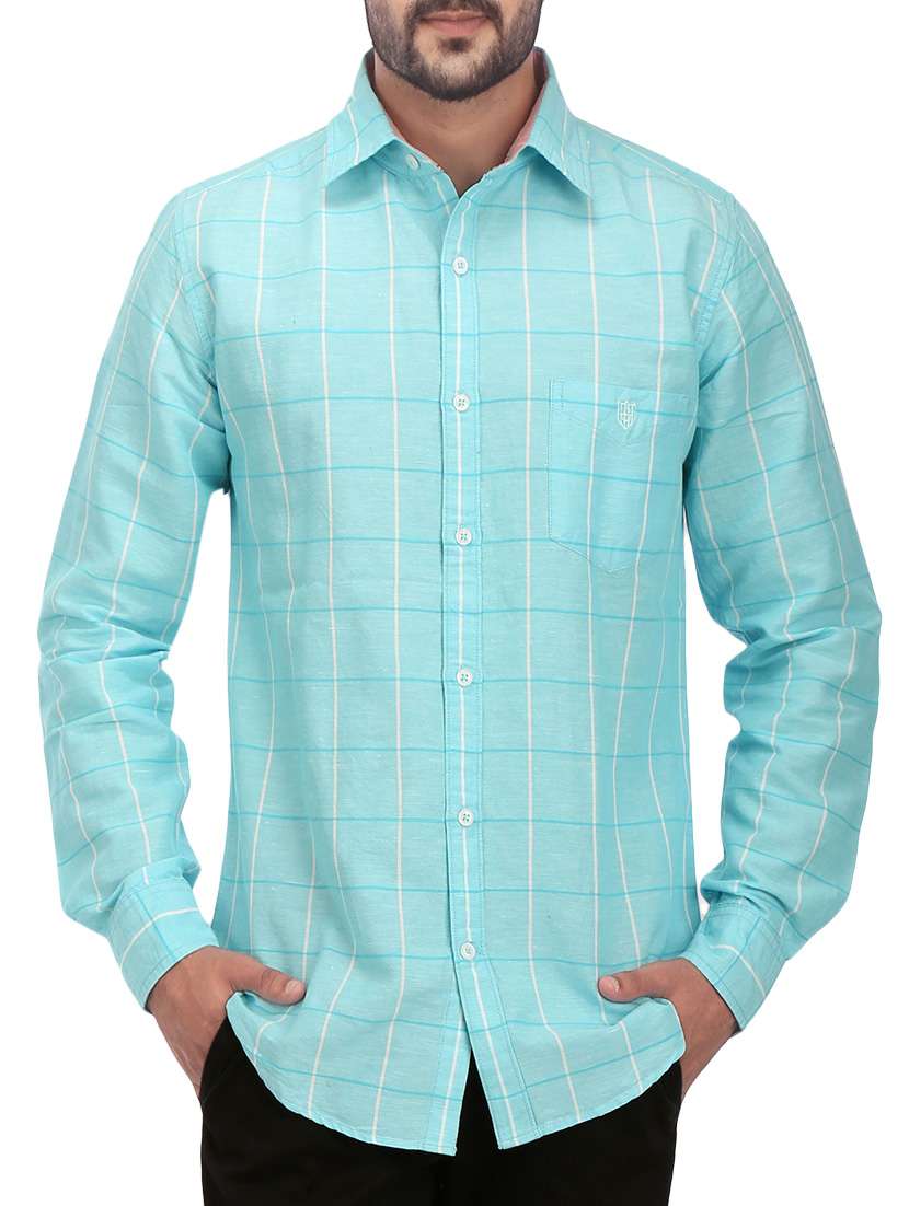 blue linen checked casual shirt
