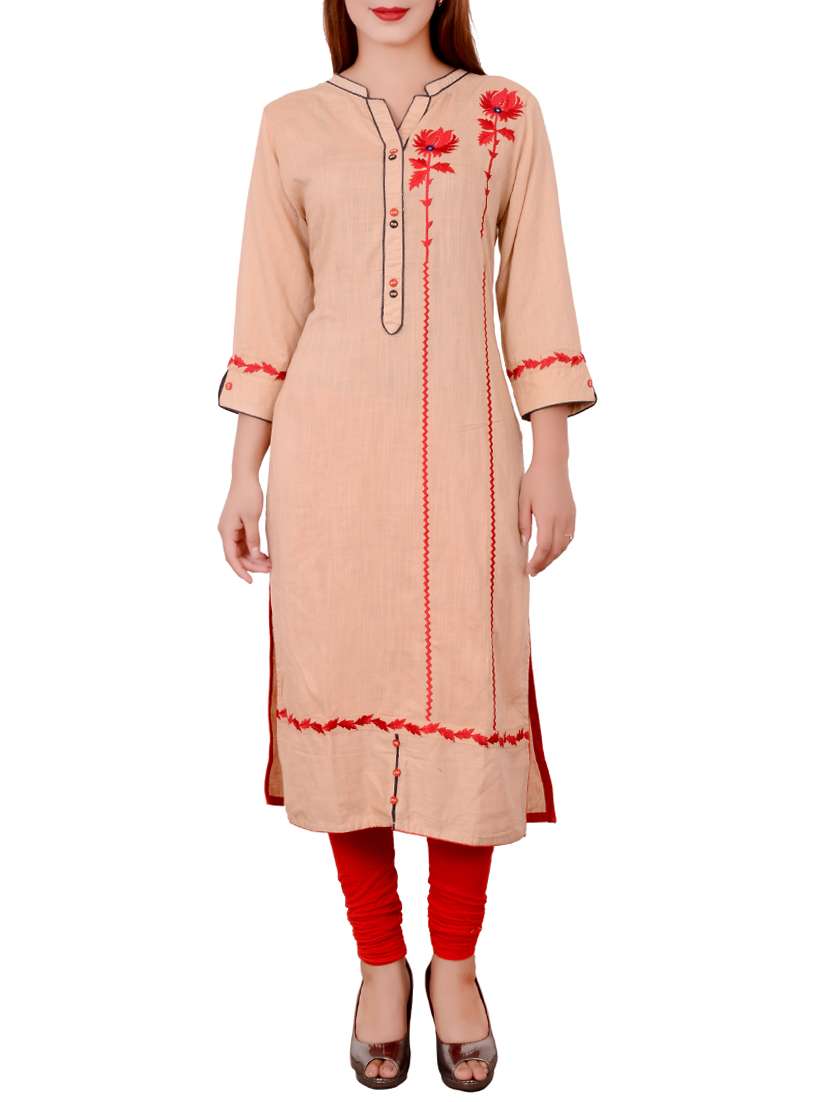 beige cotton embroidered straight kurta