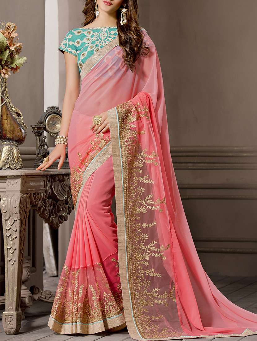 pink georgette embroidered saree with blouse