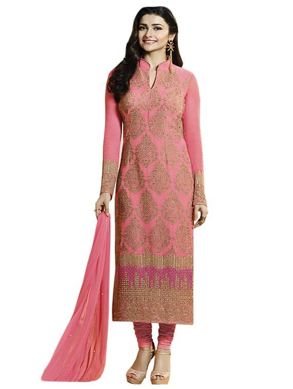 pink georgette embroidered churidaar semi-stitched suit