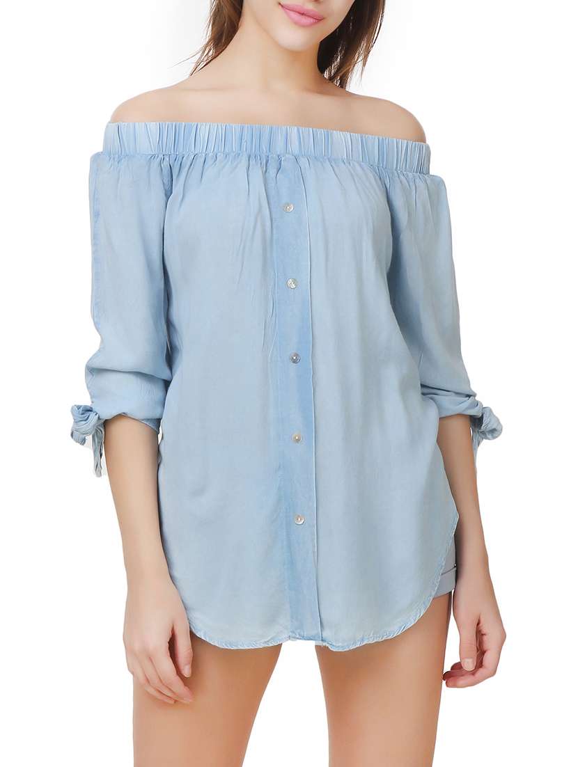 light blue cotton off-shoulder top