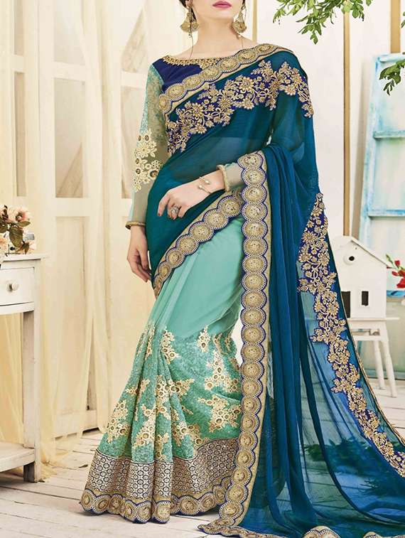 green silk blend embroidered half and half saree