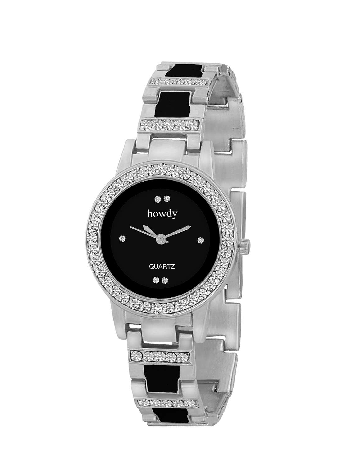 Howdy Crystal Studded Black Dial with Silver Chain Analog Watch