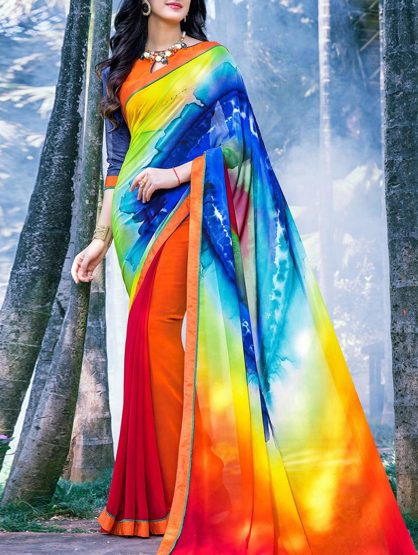 orange georgette printed saree with blouse