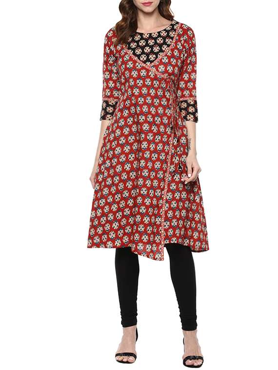 red cotton block printed angrakha kurta