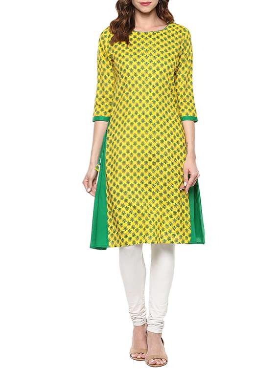 yellow cotton block printed a-line kurta