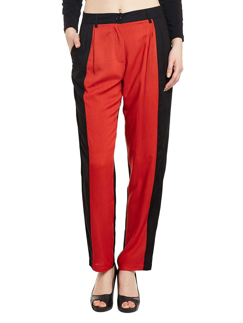black red color block viscose pleated trouser