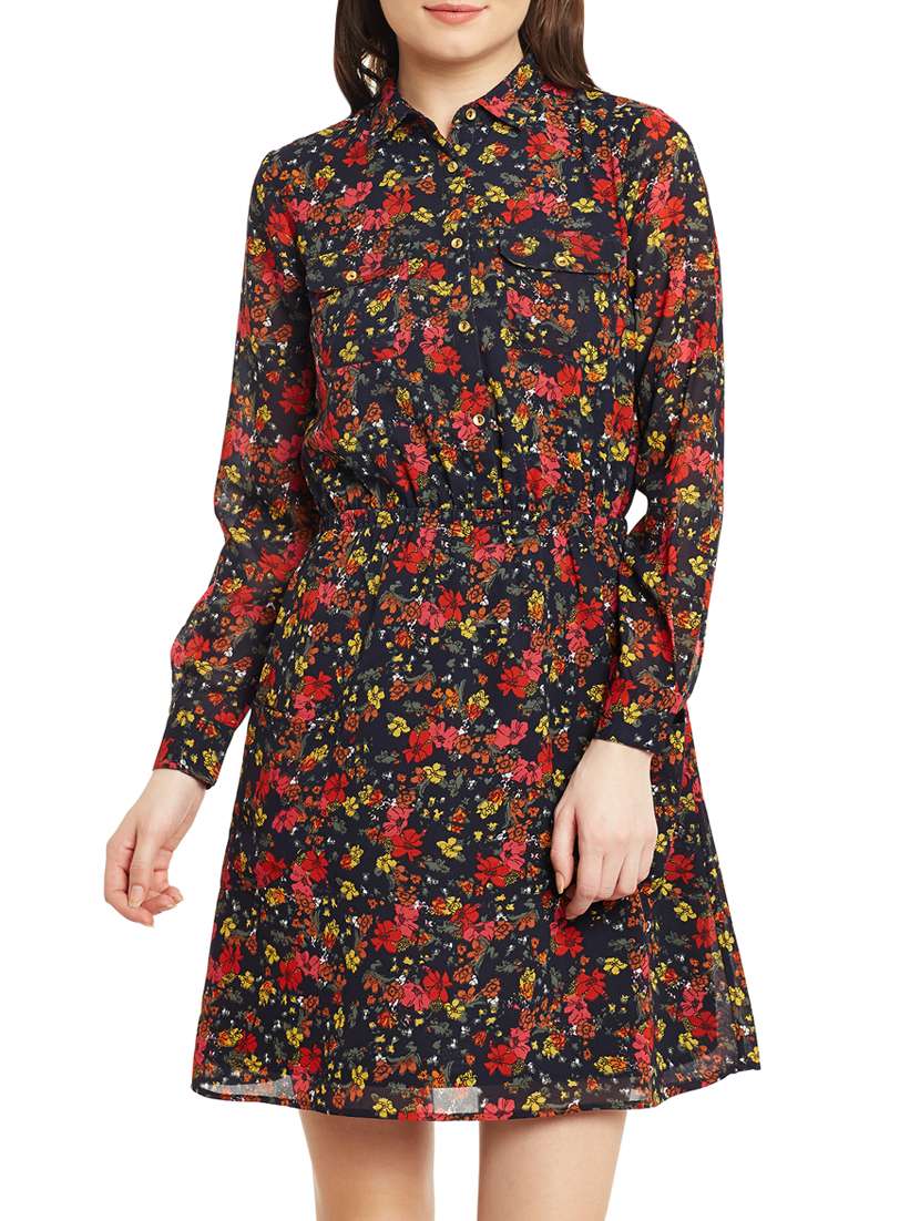 multicolored printed georgette blouson dress