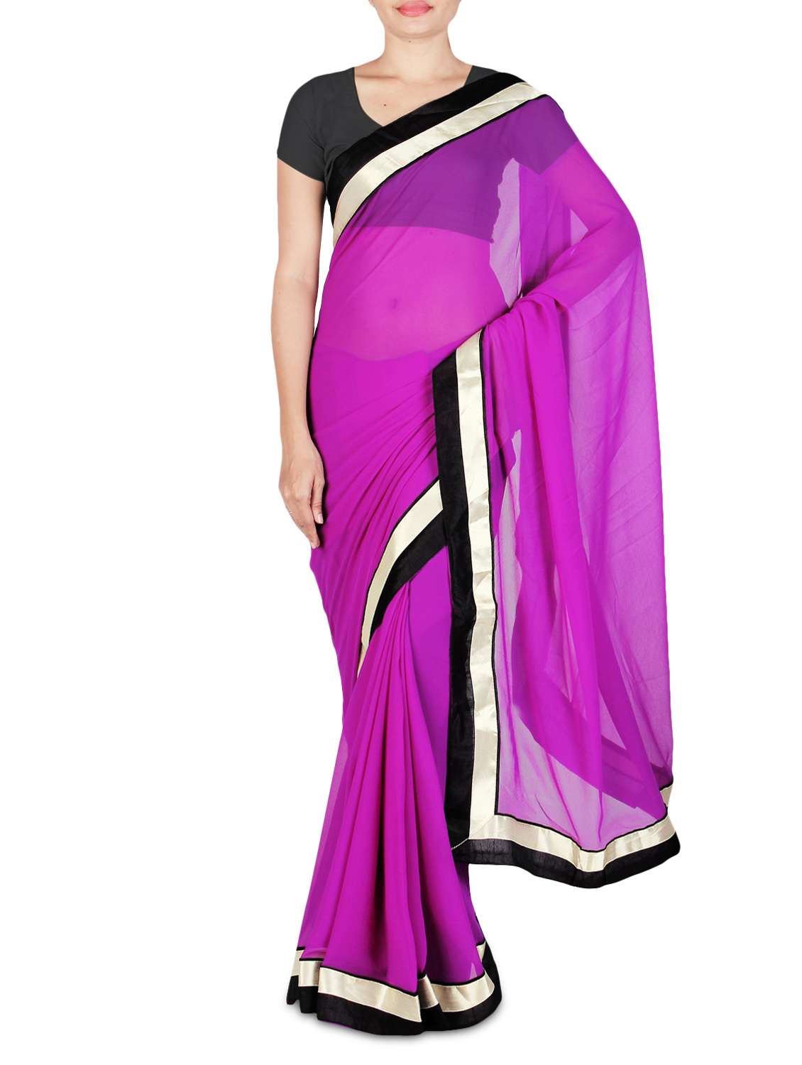 purple faux georgette plain bordered saree