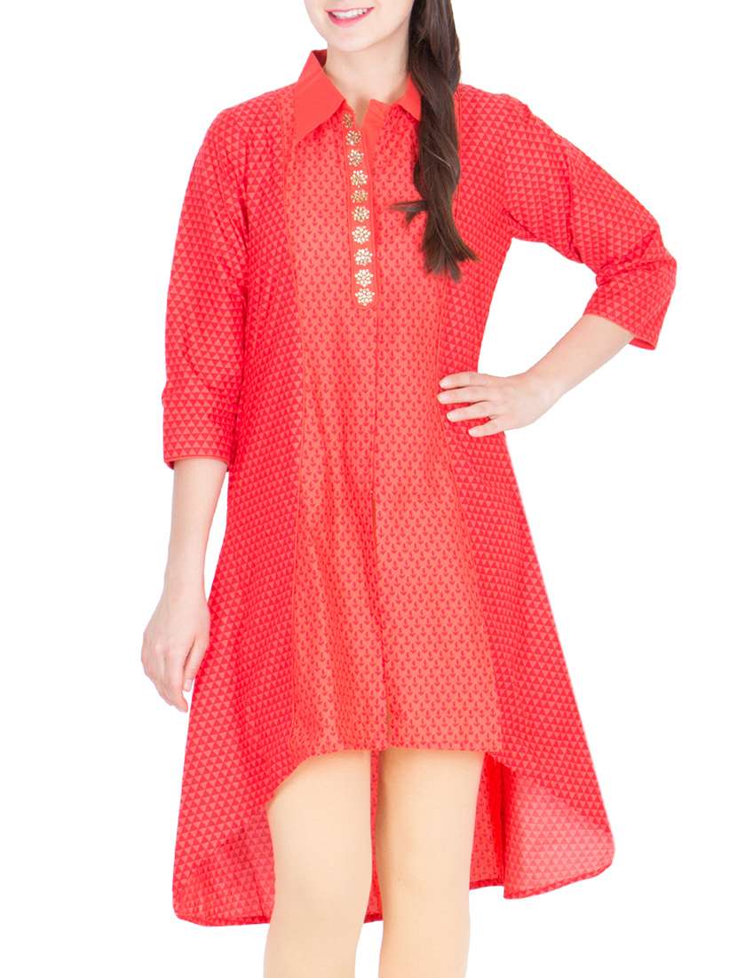 red cotton plain high-low kurta