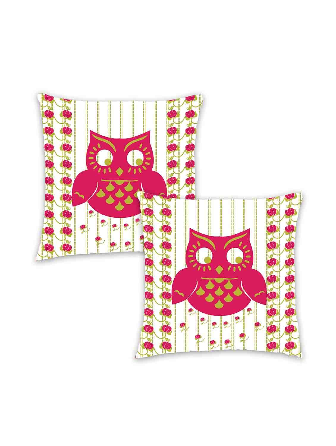 ambbi collection digitally printed cushion cover running stitch background, floral stripes & owl set of 2