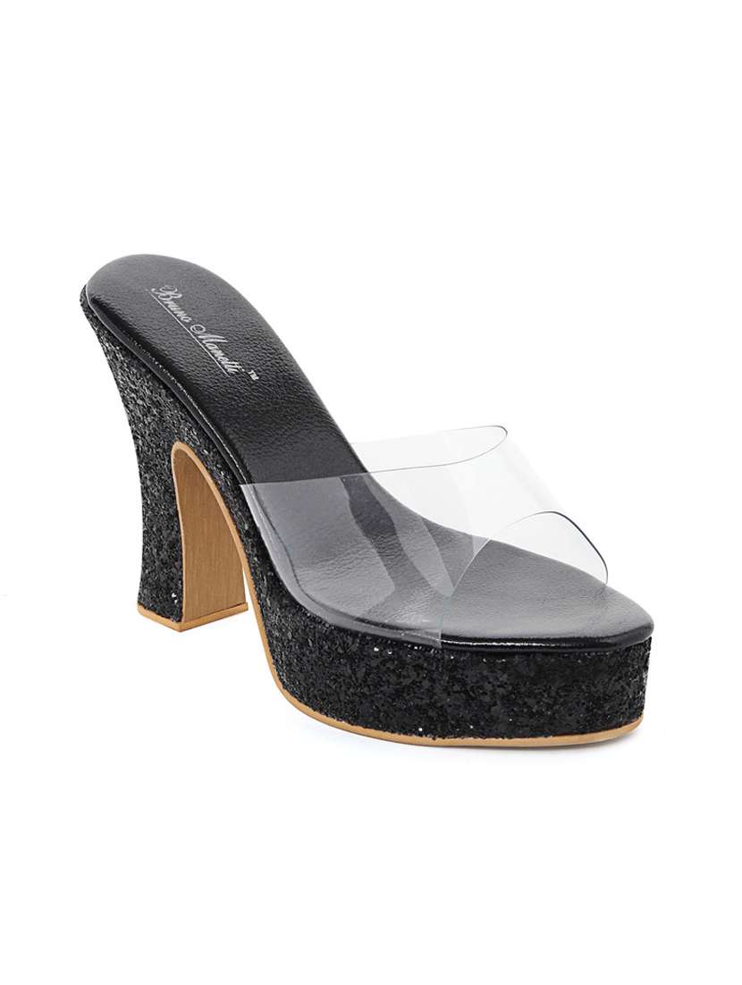 black plastic slip on sandals