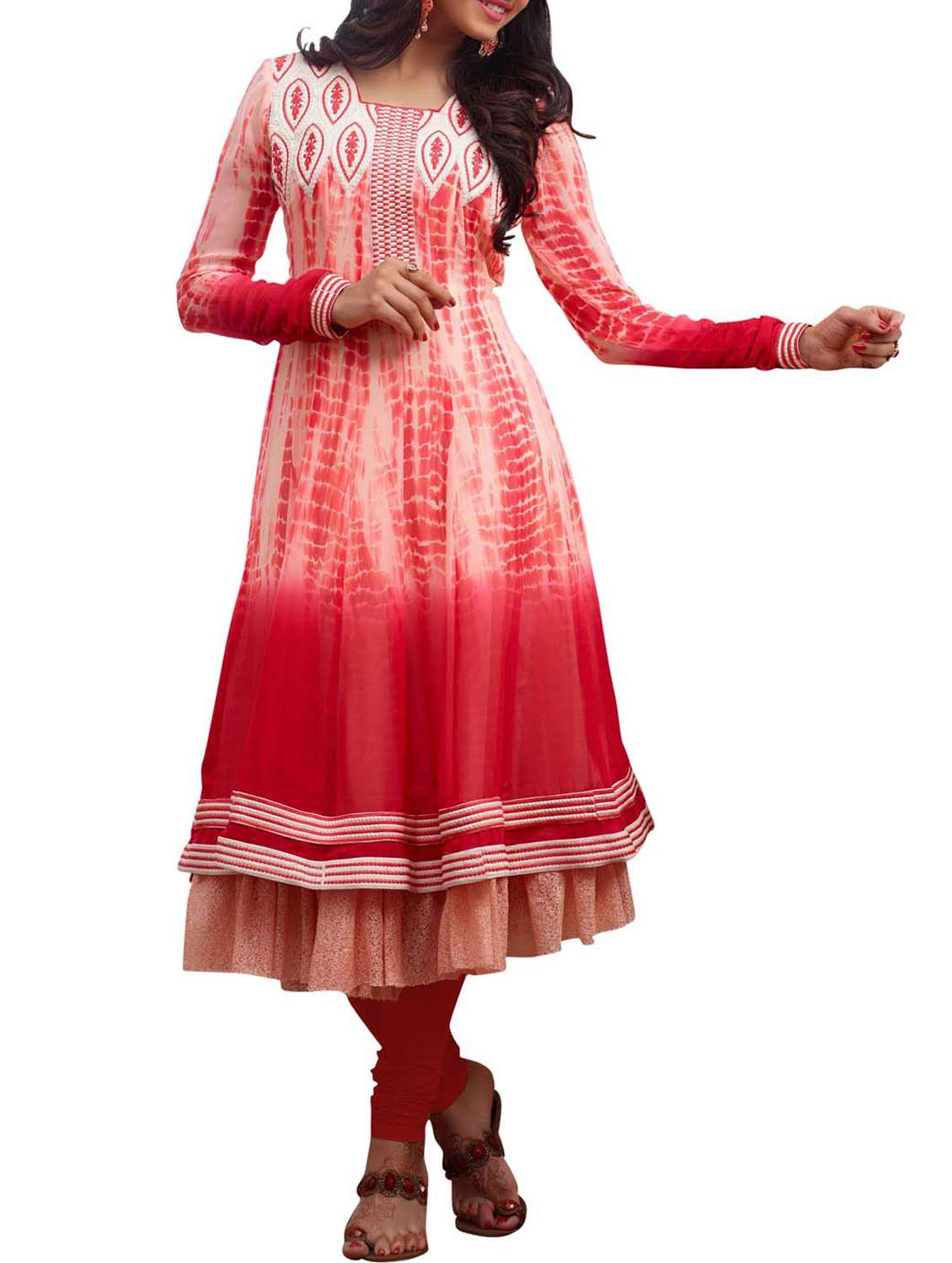 white and red coloured embroidered anarkali suit set