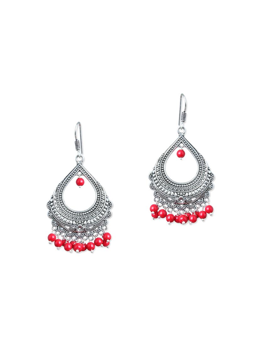 red  silver tone chandellier earring