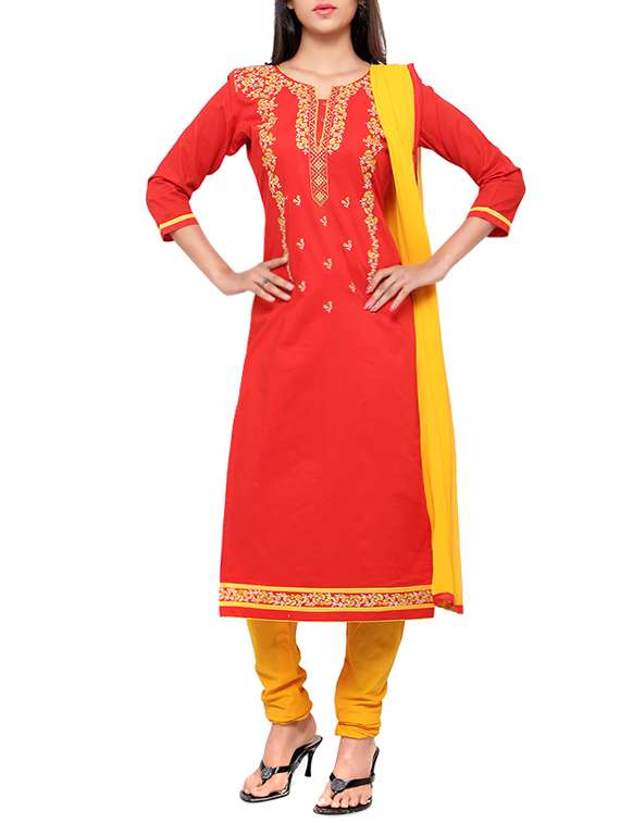 red cotton embroidered churidaar suits unstitched suit