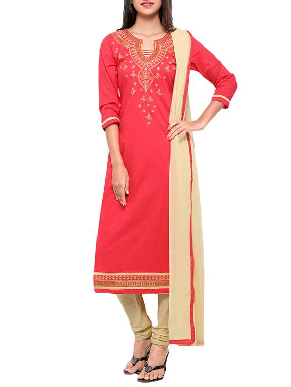 peach cotton embroidered churidaar suits unstitched suit